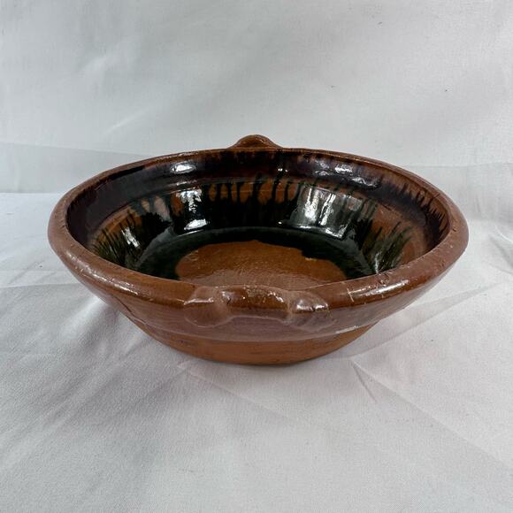 Vintage Handmade Drip Pottery Bowl With Handles  Brown Green *Has Small Crack* - Picture 9 of 11